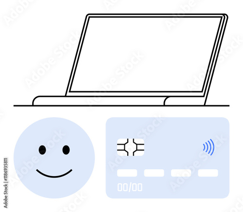 Laptop, chip card with wireless payment signal, and smiling face. Ideal for e-commerce, payment systems, technology, user experience, fintech, online shopping abstract line flat metaphor