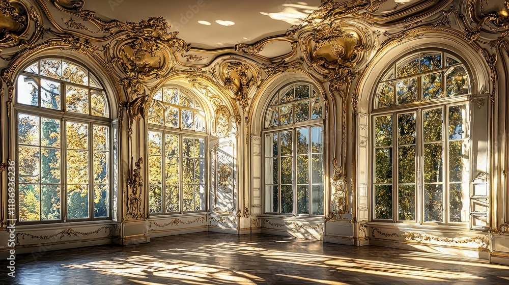 Fototapeta premium Sunlit opulent room, autumn leaves, chateau interior, golden decor, luxury.