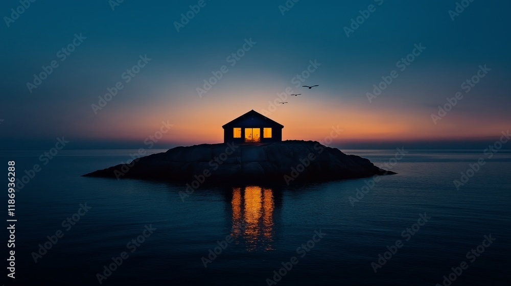 On a calm sea, there stands an isolated island with only a small house on top. The warm lights are on inside the house, and the sun slowly rises from the sea. On a calm sea, there stands an isolated island with only a small house on top. The warm lights are on inside the house, and the sun slowly rises from the sea.