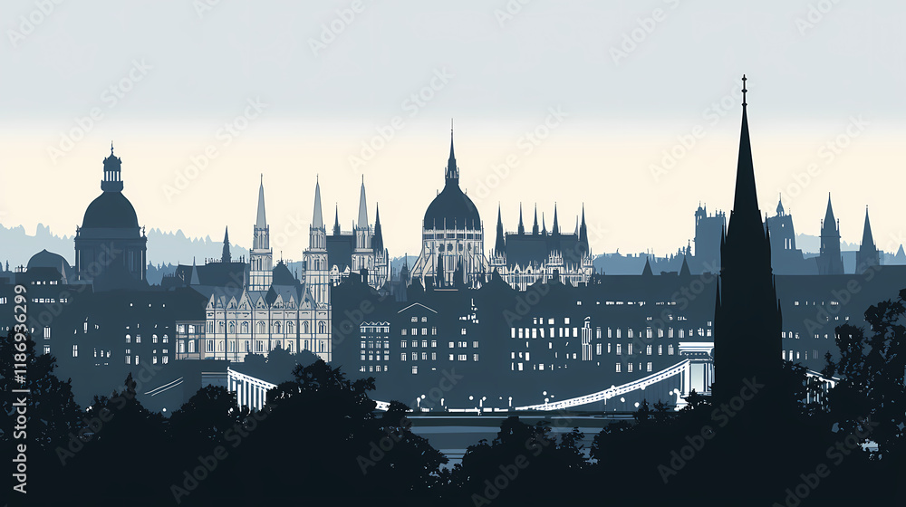 Obraz premium Silhouette of iconic budapest skyline, featuring notable landmarks and architectural wonders against a clear background. Nightblaze. Illustration