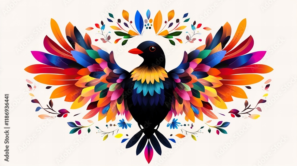 Obraz premium Vibrant bird with rainbow wings, surrounded by colorful flowers. A stunning digital artwork.