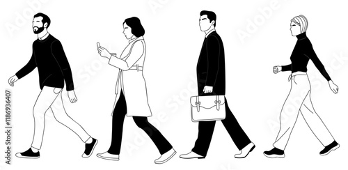 Set of business people walking side view. Modern men, women in smart casual, formal office outfits with phone, briefcase. Vector hand drawn outline illustration isolated on transparent background