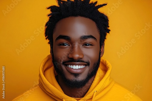 Wallpaper Mural A smiling young man in a yellow hoodie against a bright yellow background, conveying positivity and warmth. Torontodigital.ca