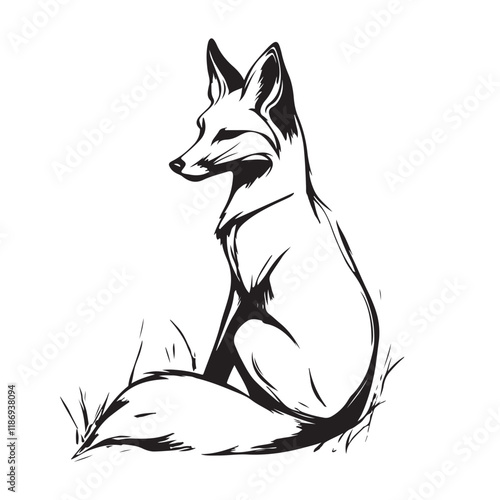 A simple line drawing of a fox sitting in the grass