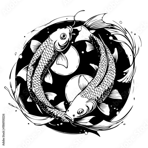 Koi Fish Sketch Drawing. set of cartoon fish illustration black and white.hand drawn koi fish with flower tattoo for Arm.Japanese tattoo and illustration for coloring.Asian traditional tattoo design.