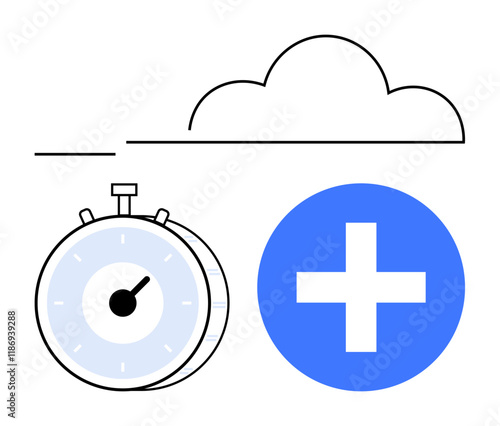 Stopwatch and blue plus sign below a minimal cloud outline. Ideal for productivity, health, efficiency, planning, innovation, teamwork, growth. Abstract line flat metaphor