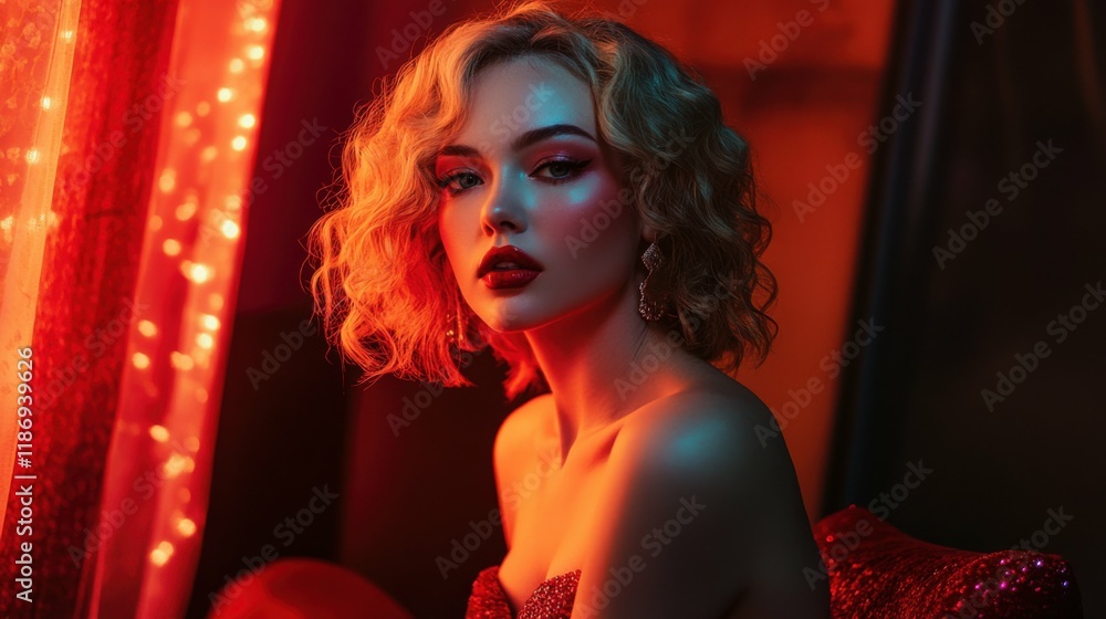 Model with dramatic evening makeup, vibrant studio lighting, glamorous and luxurious atmosphere Model with dramatic evening makeup, vibrant studio lighting, glamorous and luxurious atmosphere