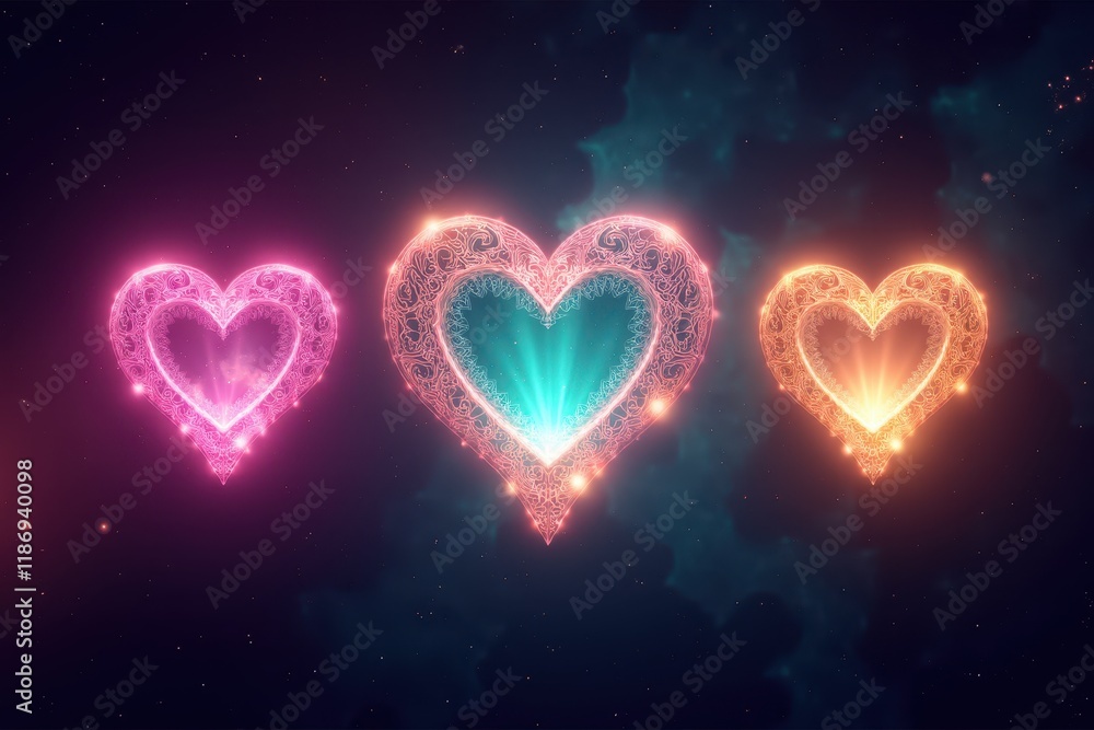 Stunning Heart Shapes in Vibrant Colors with Abstract Designs and Cosmic Background Emphasizing Love and Connection in a Digital Art Representation Stunning Heart Shapes in Vibrant Colors with Abstract Designs and Cosmic Background Emphasizing Love and Connection in a Digital Art Representation