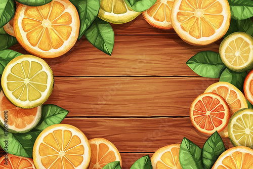 Citrus fruits with green leaves on wooden background.