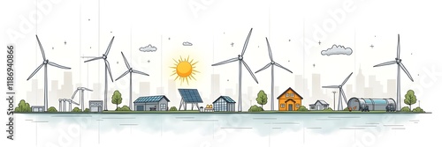 Hand-drawn infographic of renewable energy sources like wind, solar, and hydropower