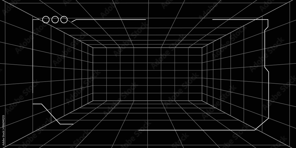 Futuristic perspective grid box. Abstract wireframe with white grid line on black background. Futuristic perspective grid box. Abstract wireframe with white grid line on black background.