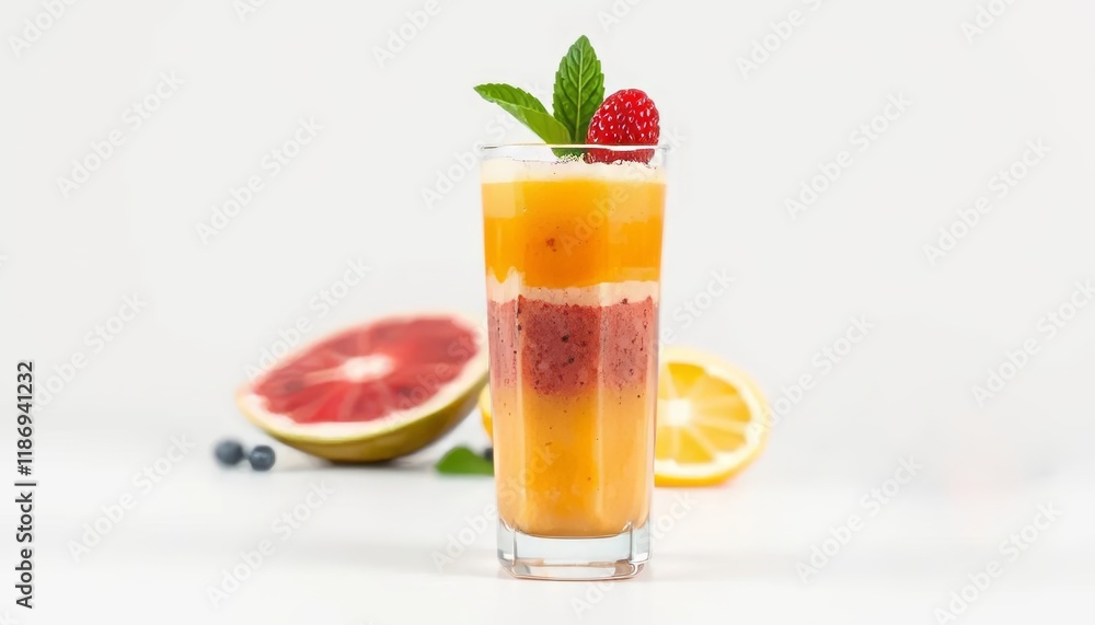 Layered Fruit Smoothie In Glass With Garnish Layered Fruit Smoothie In Glass With Garnish