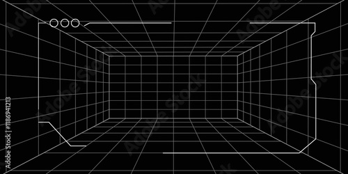 Futuristic perspective grid box. Abstract wireframe with white grid line on black background.