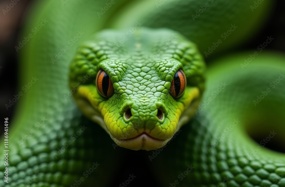 Close-up of a vibrant green snake with textured scales and striking orange eyes, coiled in a natural environment Close-up of a vibrant green snake with textured scales and striking orange eyes, coiled in a natural environment