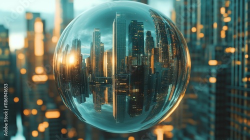 surreal cityscape reflected in a giant glass orb, focus on distortion and creative urban design