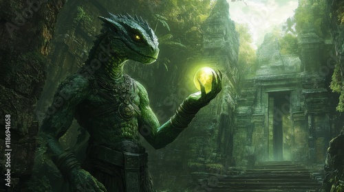 Mythical creature with humanoid features and reptilian scales, holding a glowing orb, standing in an ancient jungle temple