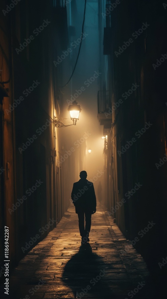 Fototapeta premium silhouette of a mysterious figure in a foggy alley, illuminated by dim streetlights, symbolic of intrigue and suspense, cinematic atmospheric theme