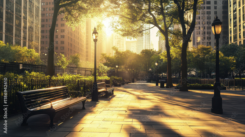 Obraz premium clean urban park with benches, trees, and sunlight filtering through buildings