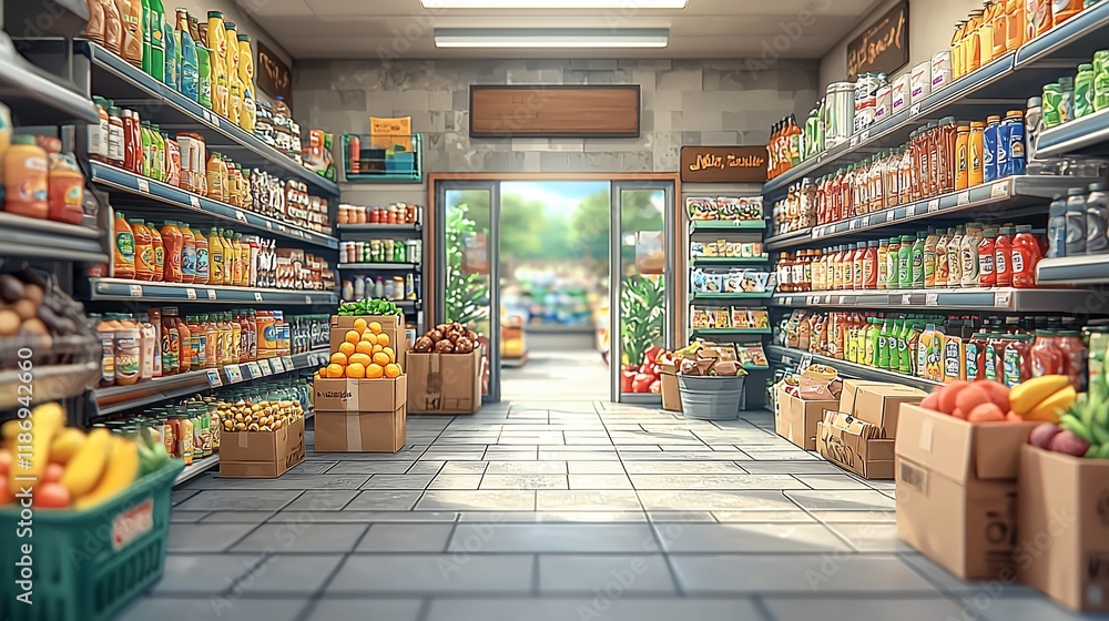 Fototapeta premium Sunny interior view of a well-stocked grocery store.