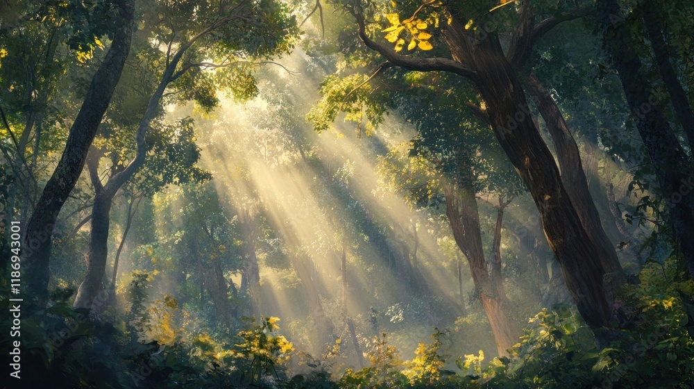 Sunbeams pierce misty forest, creating magical scene; nature background Sunbeams pierce misty forest, creating magical scene; nature background