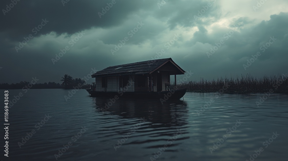 Obraz premium Serene Houseboat on a Cloudy Day