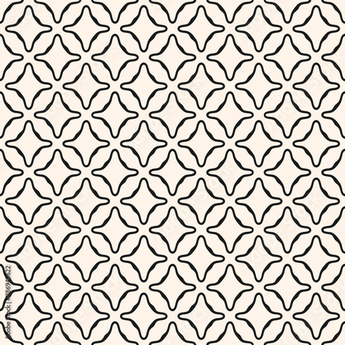 Simple abstract seamless pattern. Vector geometric texture with repeat elements, curved shapes, smooth flower silhouettes, diamonds. Black and white minimal background. Monochrome design for decor