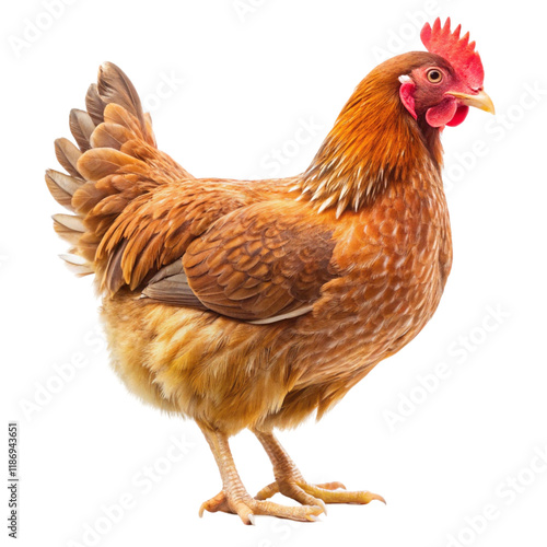 Brown hen walking front view isolated on transparent background  
