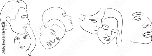 line art set of various people in love in various poses and shapes drawn with several lines, for various logos or designs