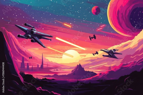 Alien Landscape With Spaceships And Laser Fire photo