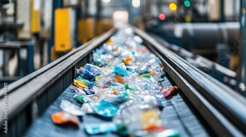 Wallpaper Mural Plastic bottles are transported on a conveyor belt inside a recycling plant, undergoing processing for reuse and contributing to environmental sustainability Torontodigital.ca