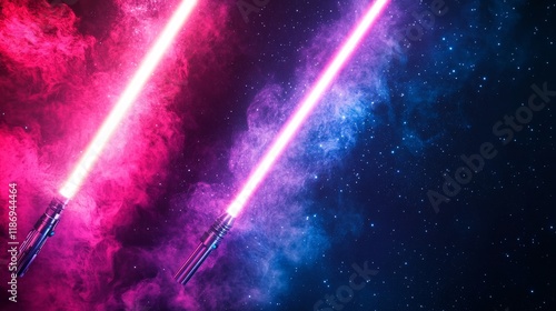 Celebrating Star Wars Day with glowing lightsabers and a cheerful galaxy background