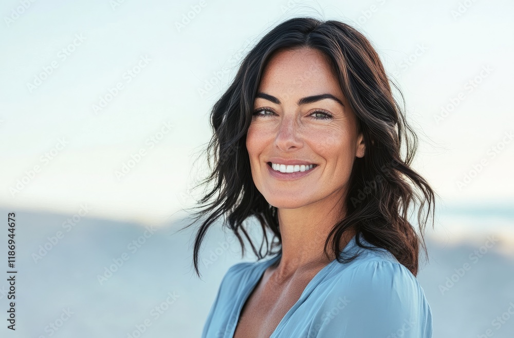 A beautiful woman with dark hair and blue eyes smiles at the camera, standing on an empty beach under a clear sky A beautiful woman with dark hair and blue eyes smiles at the camera, standing on an empty beach under a clear sky