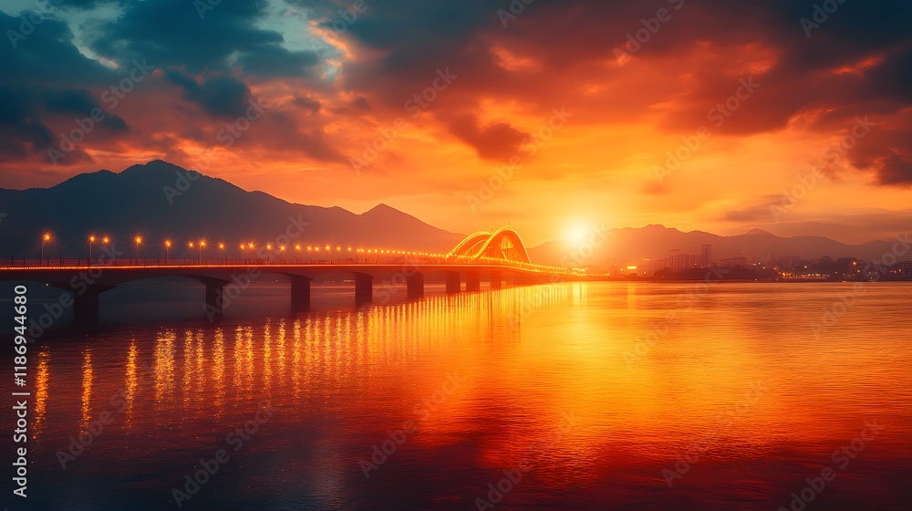 Illuminated Bridge at Sunset Over Mountains and Water Illuminated Bridge at Sunset Over Mountains and Water