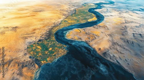 Nile River snaking through Egypt, its fertile banks contrasting sharply against the surrounding desert, reaching towards the Mediterranean
