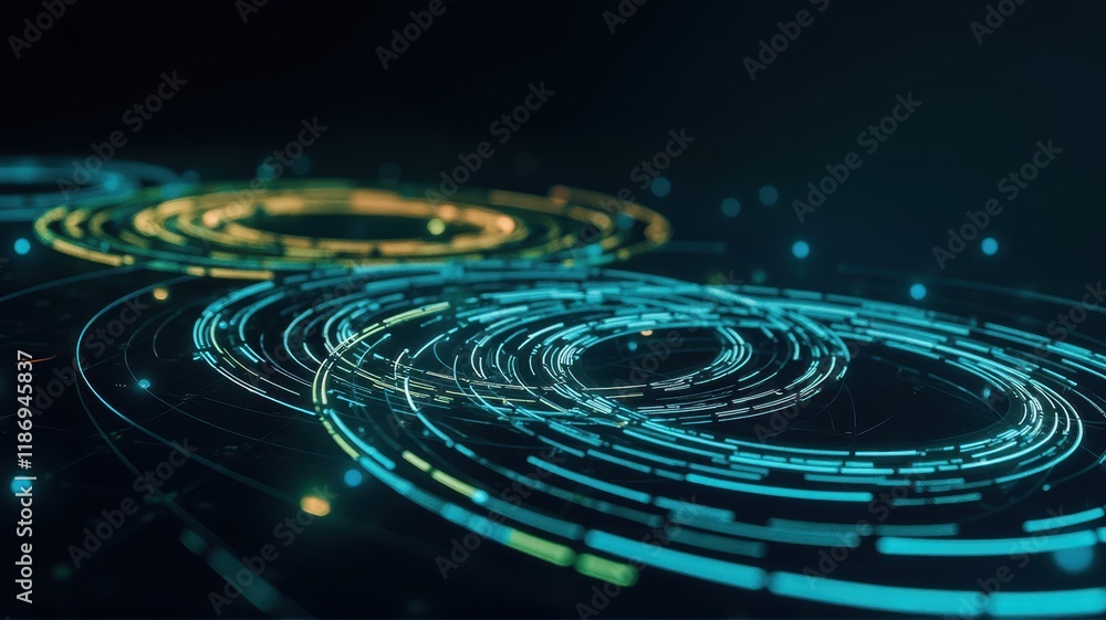 Fototapeta premium Abstract Visualization of Energy Flow with Dynamic Circular Rings and Light Particles in a Dark Background, Representing Technology and Innovation Concepts