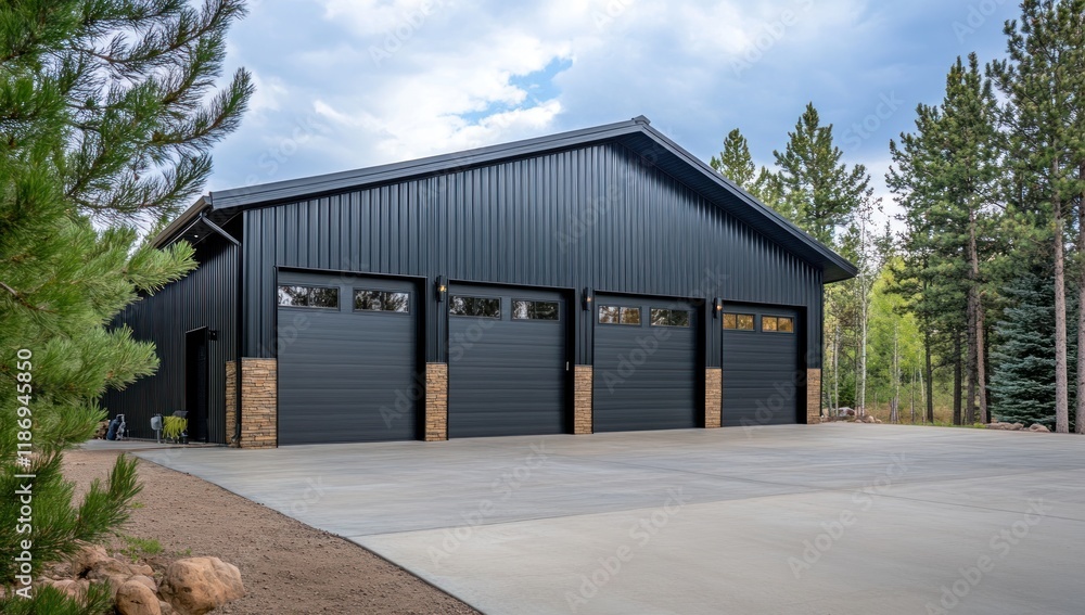 Modern Black Metal Garage with Four Doors and Stone Accents Modern Black Metal Garage with Four Doors and Stone Accents