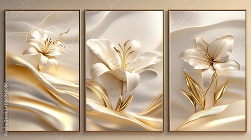 Elegant triptych of gold lilies on silk.