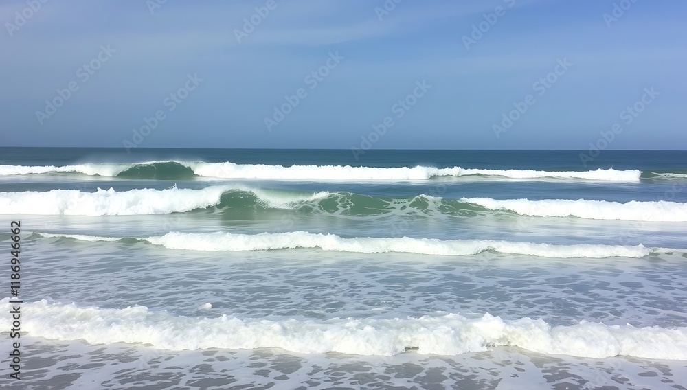 Serene ocean waves rolling onto sandy shore. Serene ocean waves rolling onto sandy shore.