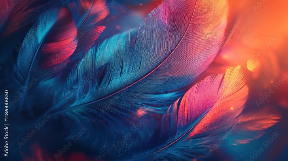 Obraz premium soft feathers in vibrant colors, glowing light accents, tranquil atmosphere, detailed textures, artistic composition, isolated gradient background, ethereal feel