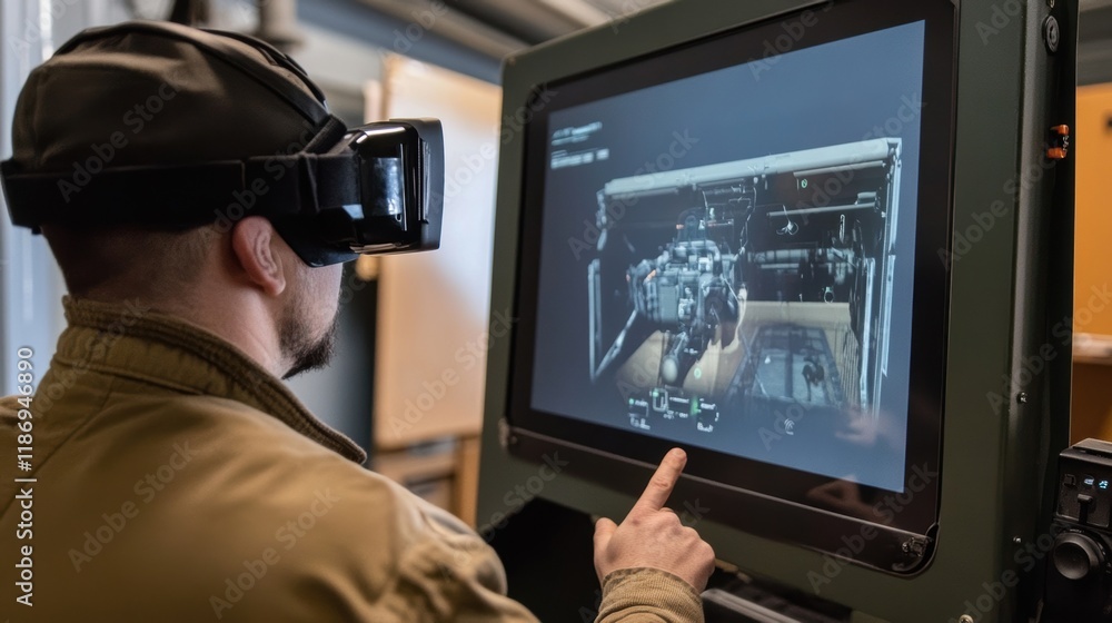 Engineer wearing a vr headset interacts with a complex 3d model displayed on a touchscreen, exploring the intricate details of the project in a virtual environment Engineer wearing a vr headset interacts with a complex 3d model displayed on a touchscreen, exploring the intricate details of the project in a virtual environment