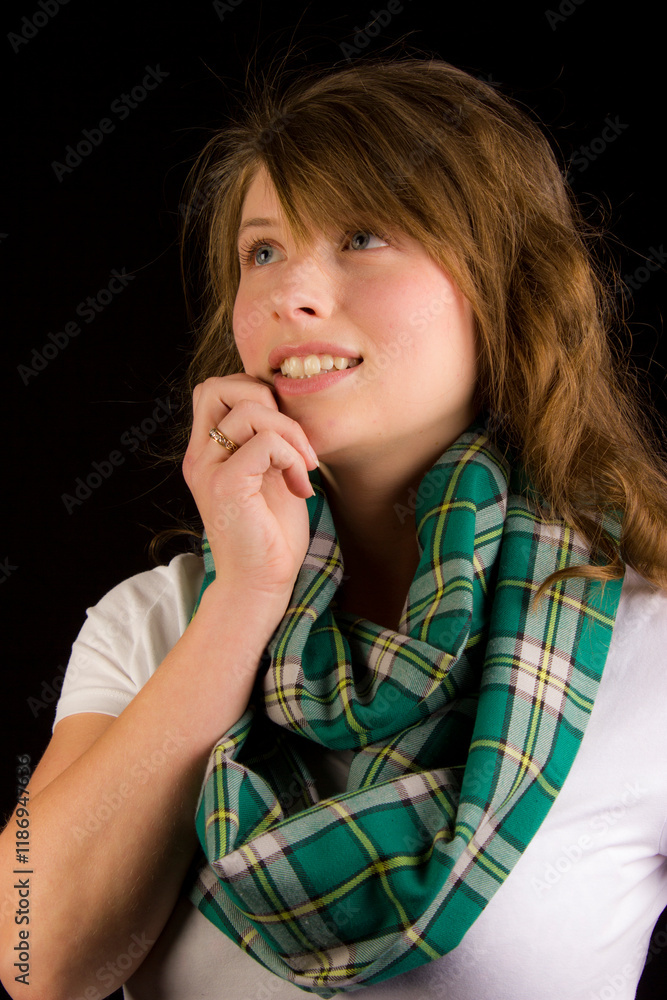 Beautiful Women in a White T-shirt and Scarf Beautiful Women in a White T-shirt and Scarf