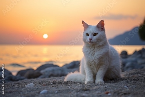 Portrait of a happy turkish van cat isolated on stunning sunset beach background