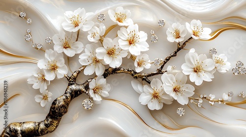 Elegant white blossoms on gold branch with diamonds, marble background.
