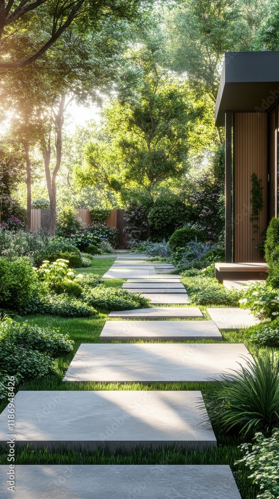 Obraz premium modern urban garden with geometric pathways and lush greenery, sleek and vibrant, focus on harmony and environmental design