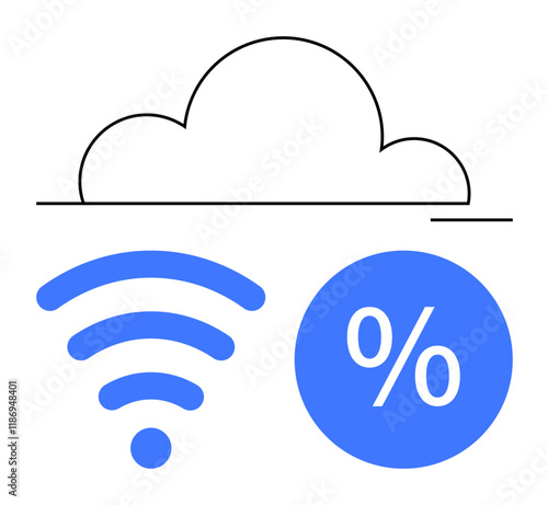 Cloud icon above wireless signal and percentage symbol. Ideal for digital connectivity, internet access, data analysis, cloud storage, tech innovations, business strategies, online solutions