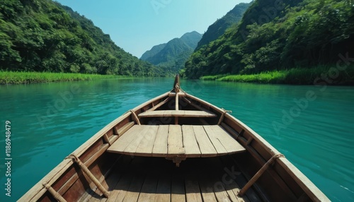 point of view, traditional boat passing through river with blue water with beautiful view