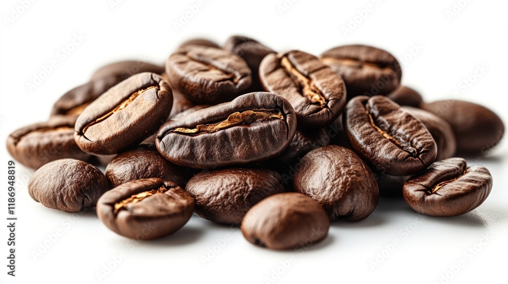 Close-up of a pile of dark roasted coffee beans isolated on white background. Close-up of a pile of dark roasted coffee beans isolated on white background.