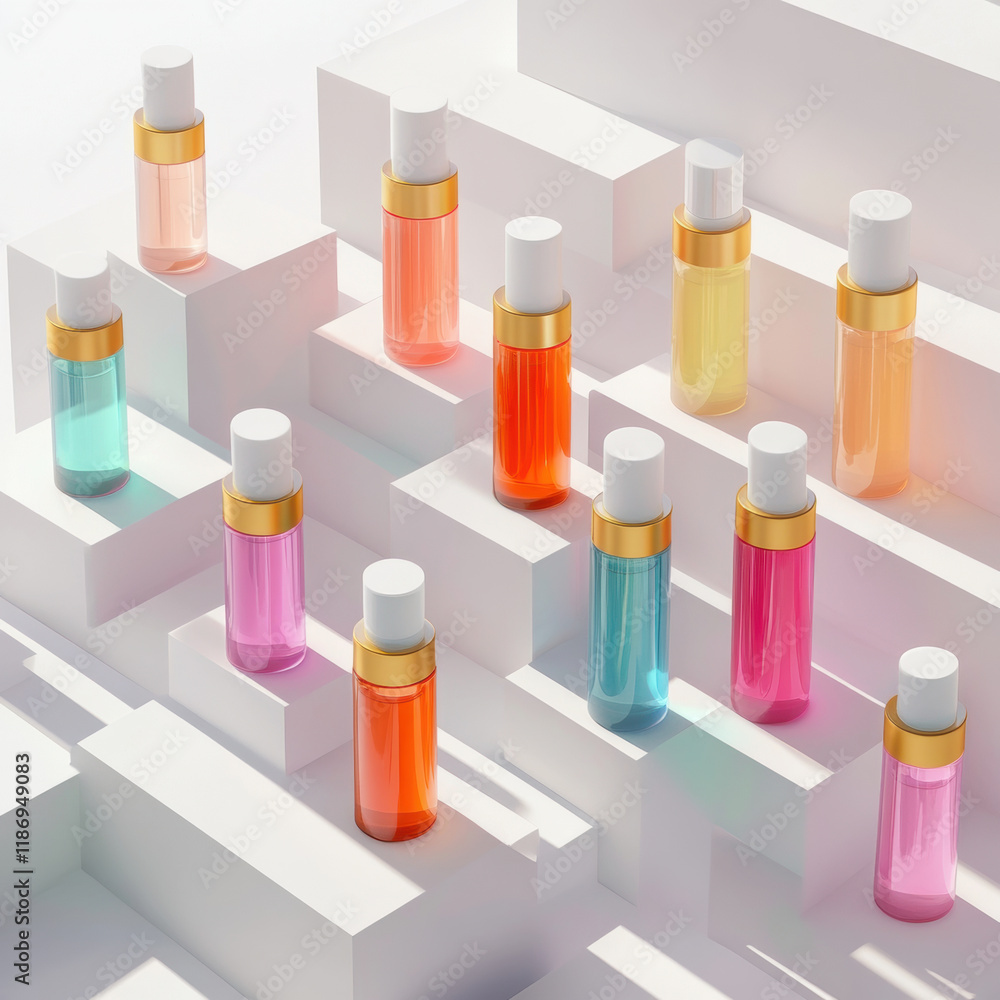 Modern cosmetic bottles arranged on white geometric platforms, showcasing vibrant colors and sleek designs. composition highlights beauty and elegance in product presentation Modern cosmetic bottles arranged on white geometric platforms, showcasing vibrant colors and sleek designs. composition highlights beauty and elegance in product presentation