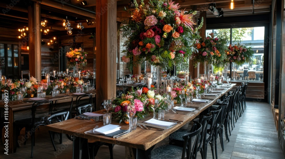 Obraz premium event planner organizing wedding setup, elegant indoor venue, table decor with floral arrangements, meticulous attention to detail, modern and sophisticated event planning