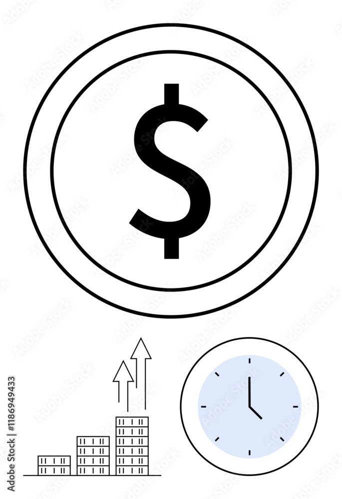 Dollar symbol in circle, bar chart with upward arrows, and clock. Ideal for finance, investment, time management, profit growth, success productivity and business strategy. Abstract line flat Dollar symbol in circle, bar chart with upward arrows, and clock. Ideal for finance, investment, time management, profit growth, success productivity and business strategy. Abstract line flat